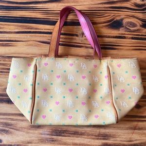 VINTAGE DOONEY & BOURKE BAG YELLOW CANVAS WITH PINK HEART 8x6.5x6 6” Handle drop